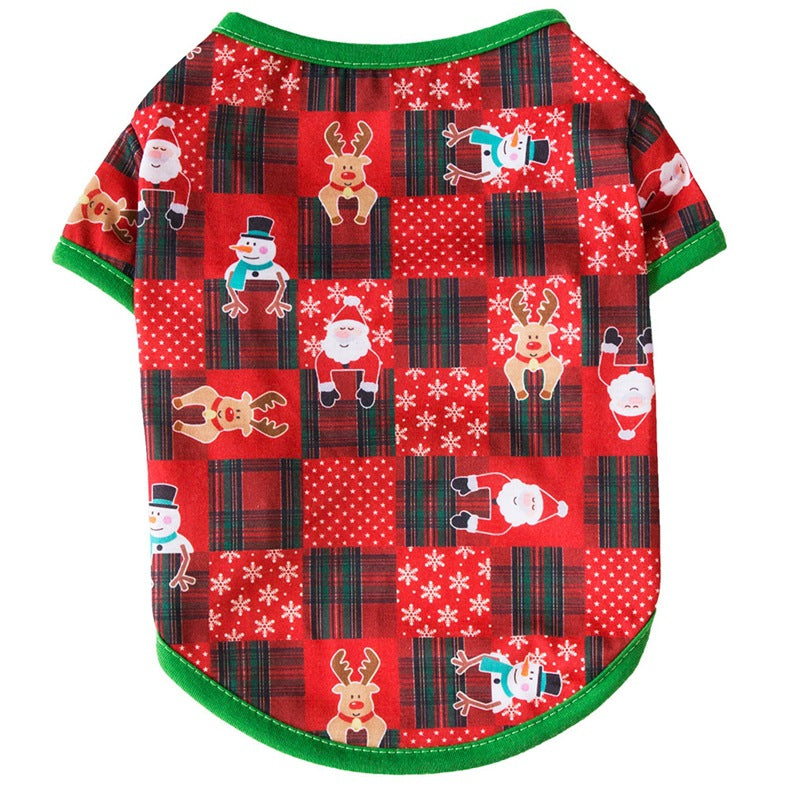 Christmas T-shirt for dogs with short sleeves and an all-over festive print - red check patchwork