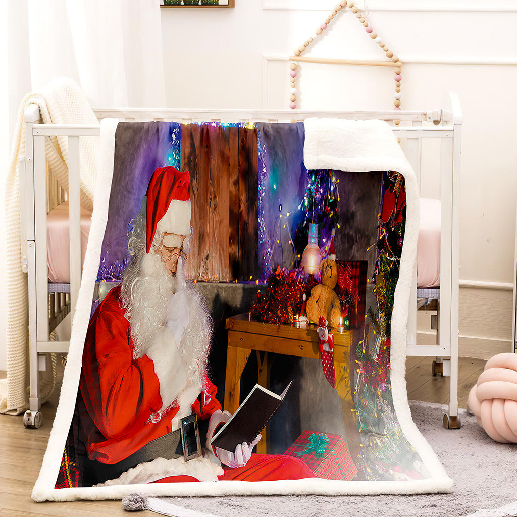 Christmas fleece throw blanket with a printed front and white teddy reverse