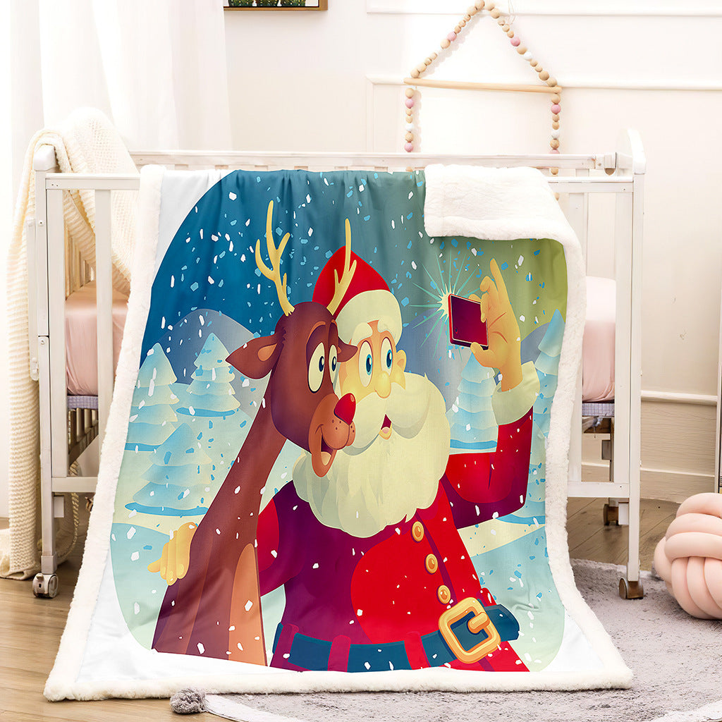 Christmas fleece throw blanket with a printed front and white teddy reverse - father christmas and reindeer