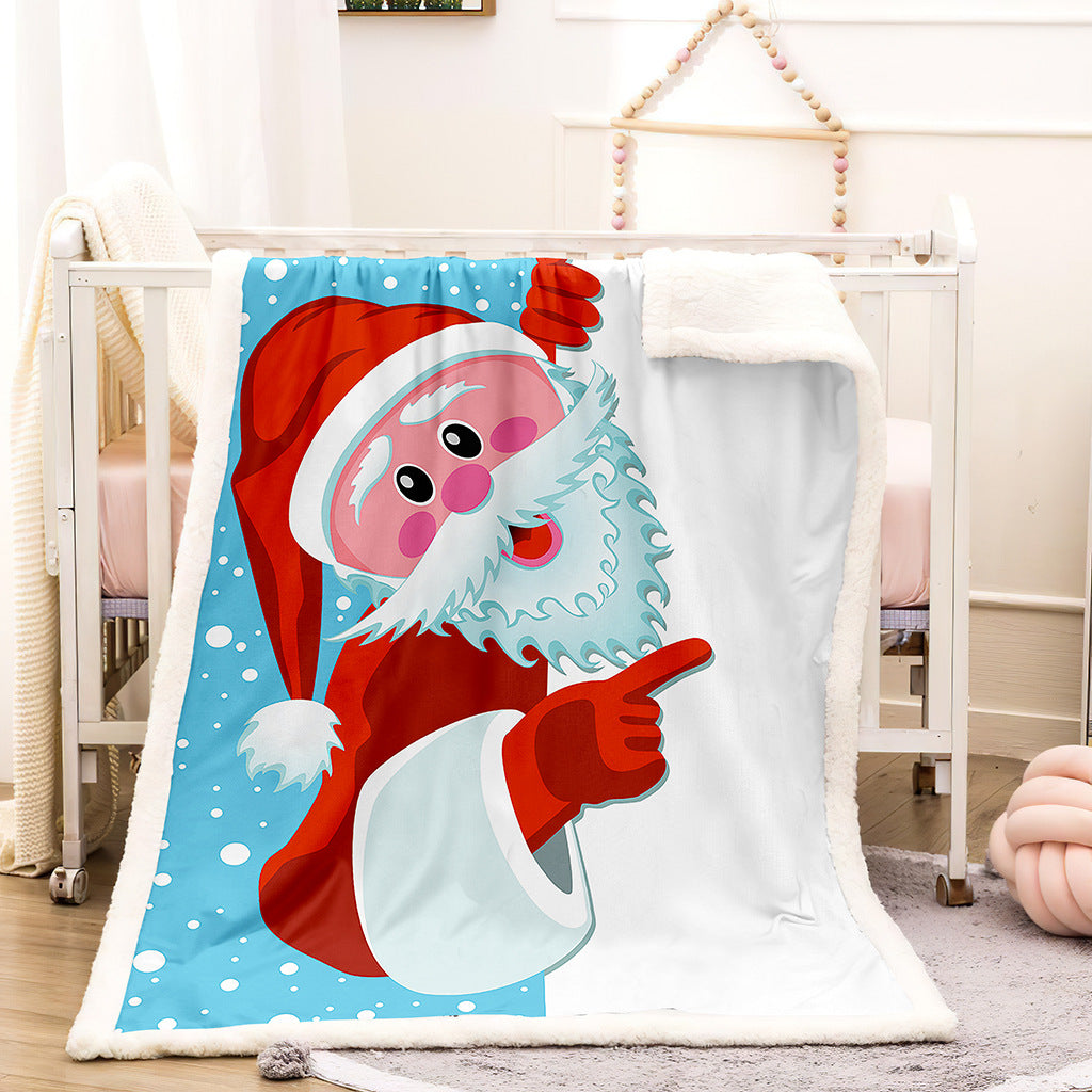 Christmas fleece throw blanket with a printed front and white teddy reverse - pointing father christmas