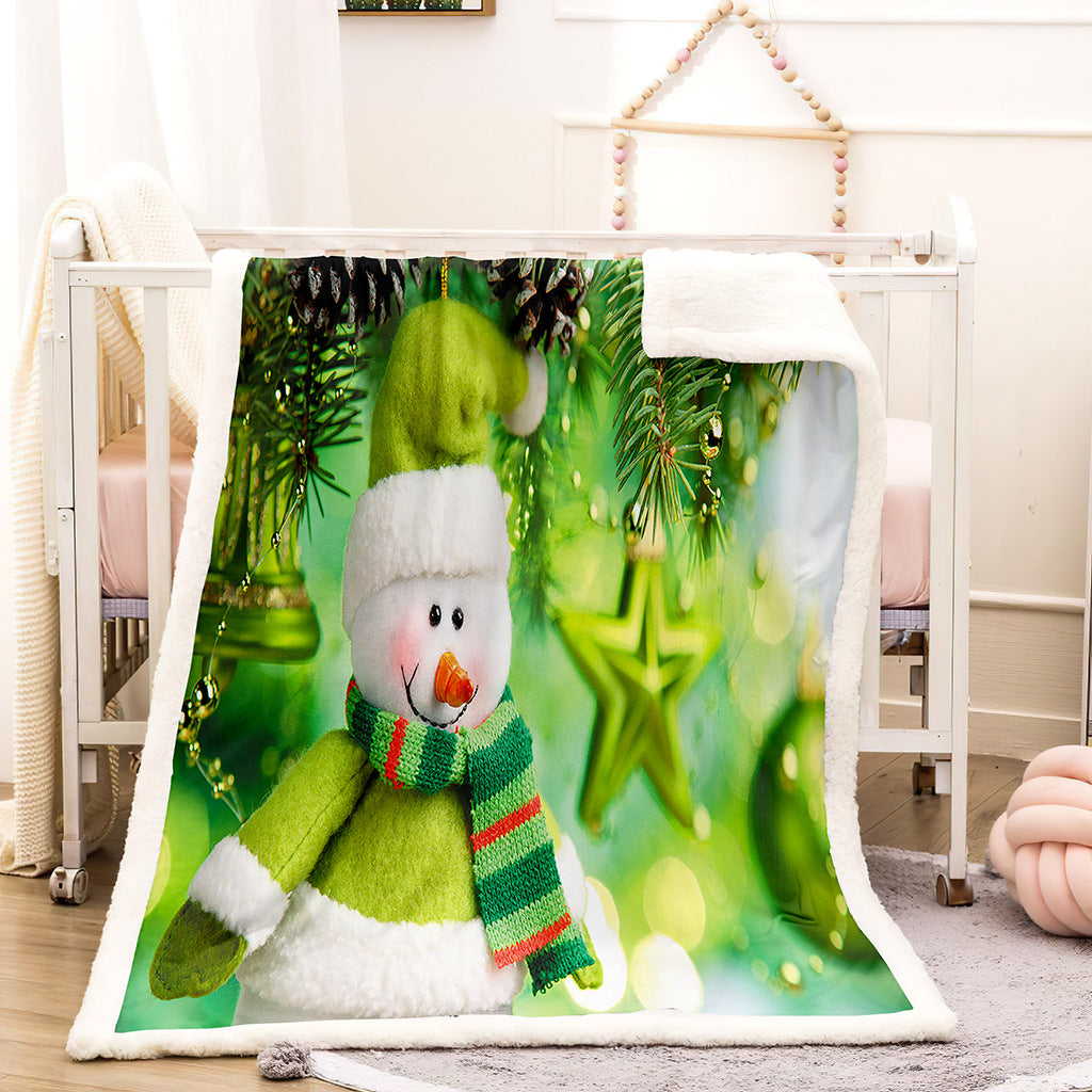 Christmas fleece throw blanket with a printed front and white teddy reverse - green snowman