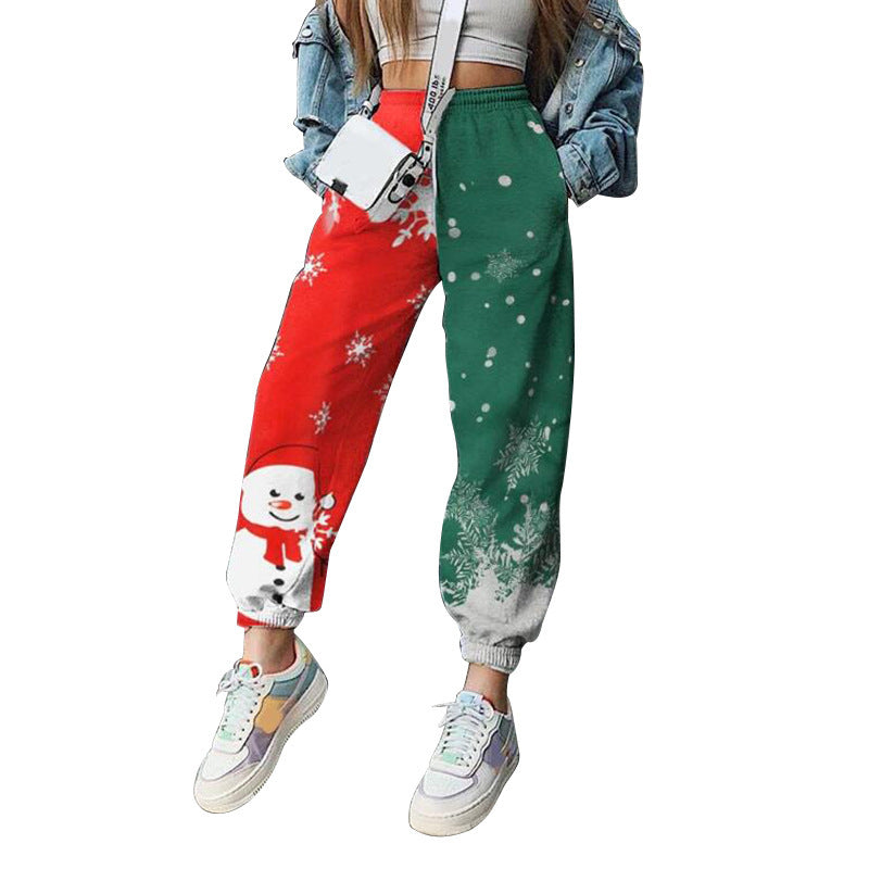 Women's Christmas joggers with elastic waist, cuffed ankles and festive print - red and green snowman