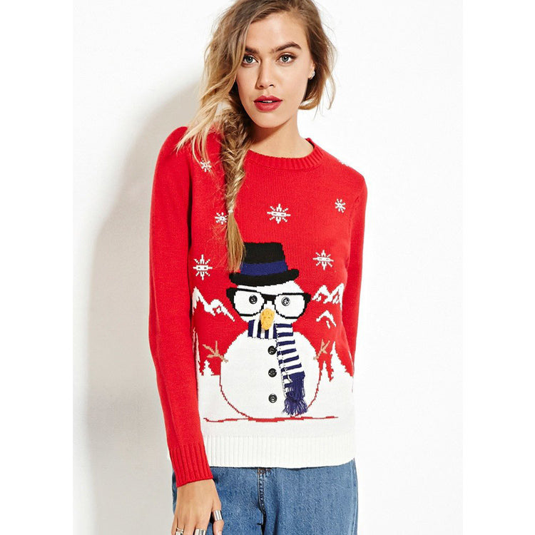 Women's knitted Christmas jumper with a snowman or sequin design - red snowman