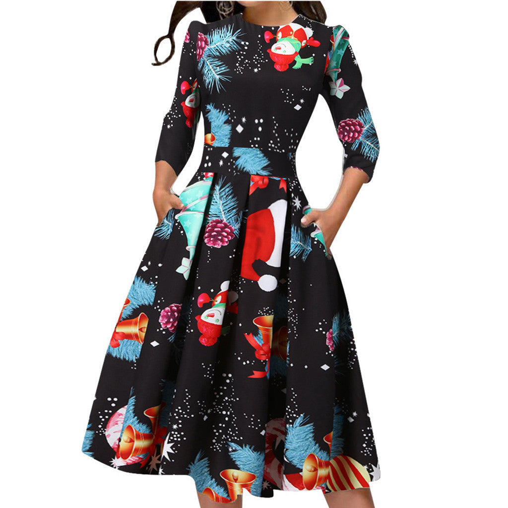 Women's Christmas midi dress with three-quarter sleeves and pleated skirt