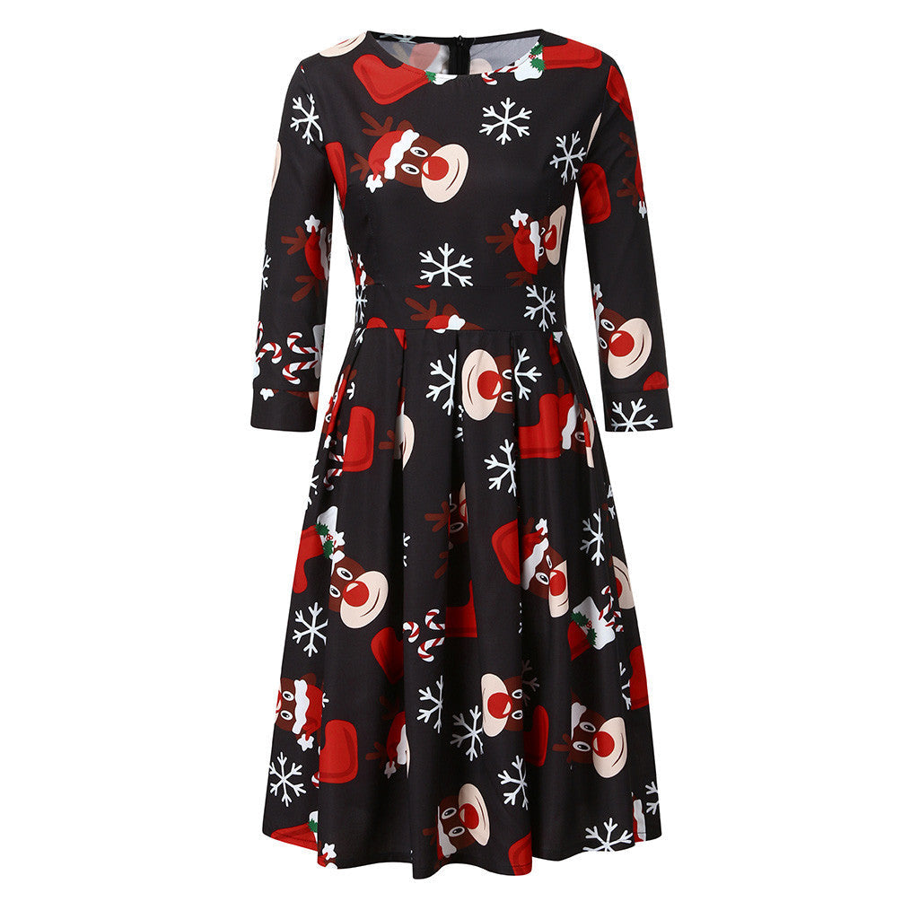 Women's Christmas midi dress with three-quarter sleeves and pleated skirt