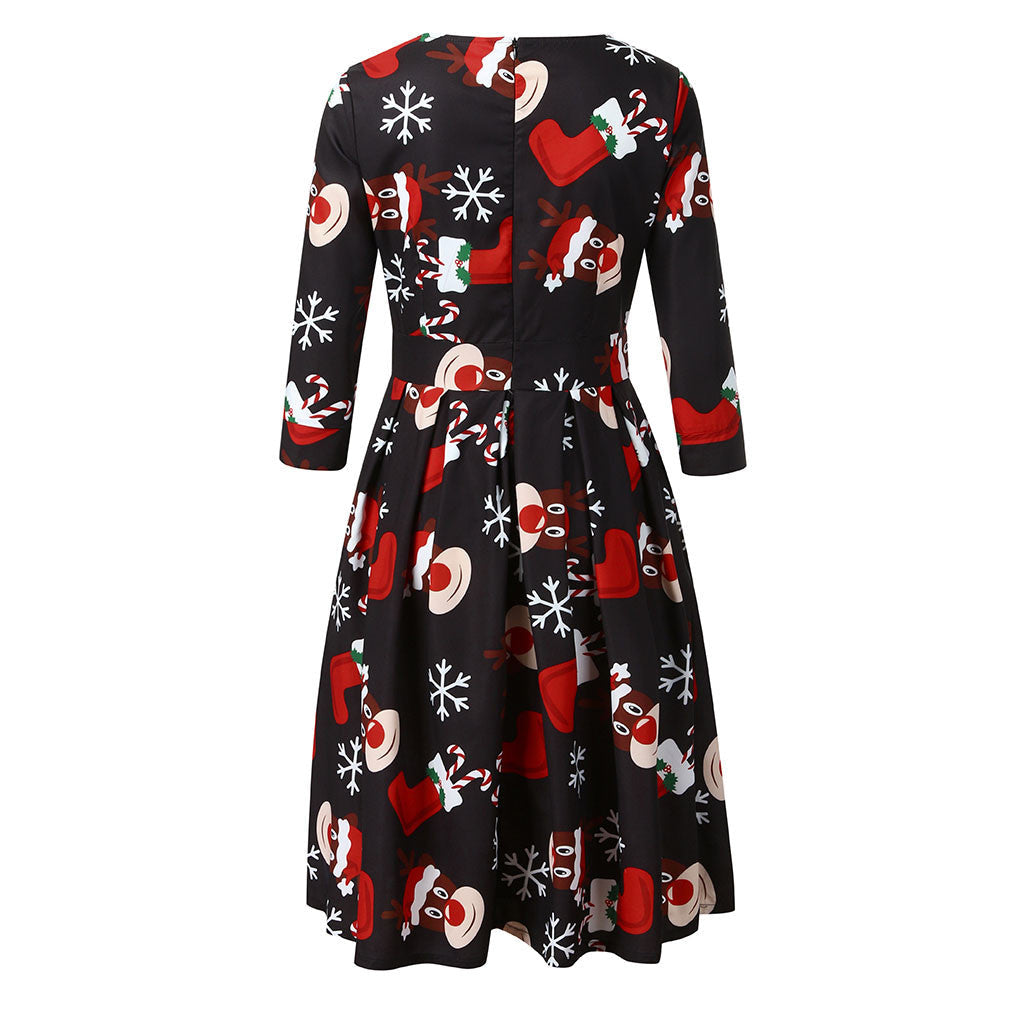 Women's Christmas midi dress with three-quarter sleeves and pleated skirt