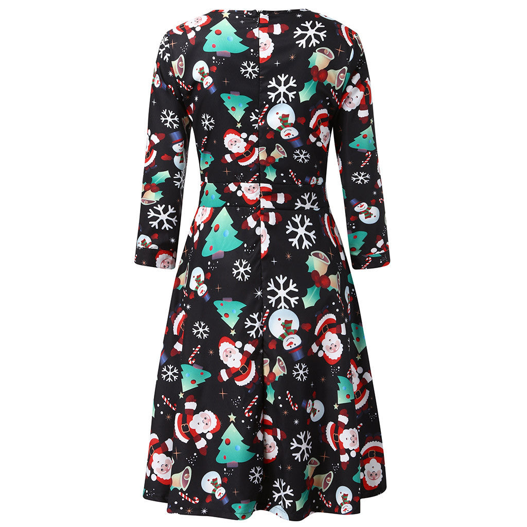 Women's Christmas midi dress with three-quarter sleeves and pleated skirt