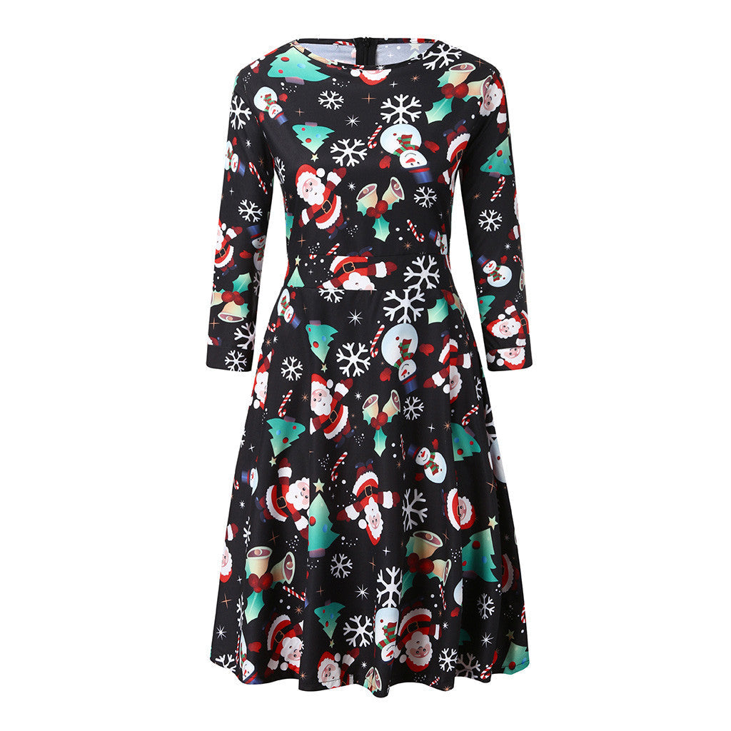 Women's Christmas midi dress with three-quarter sleeves and pleated skirt
