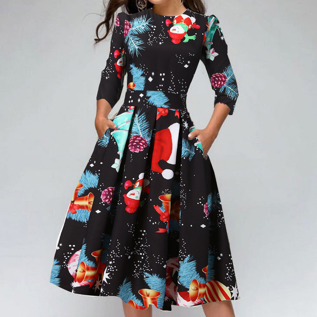 Women's Christmas midi dress with three-quarter sleeves and pleated skirt - black pine branch