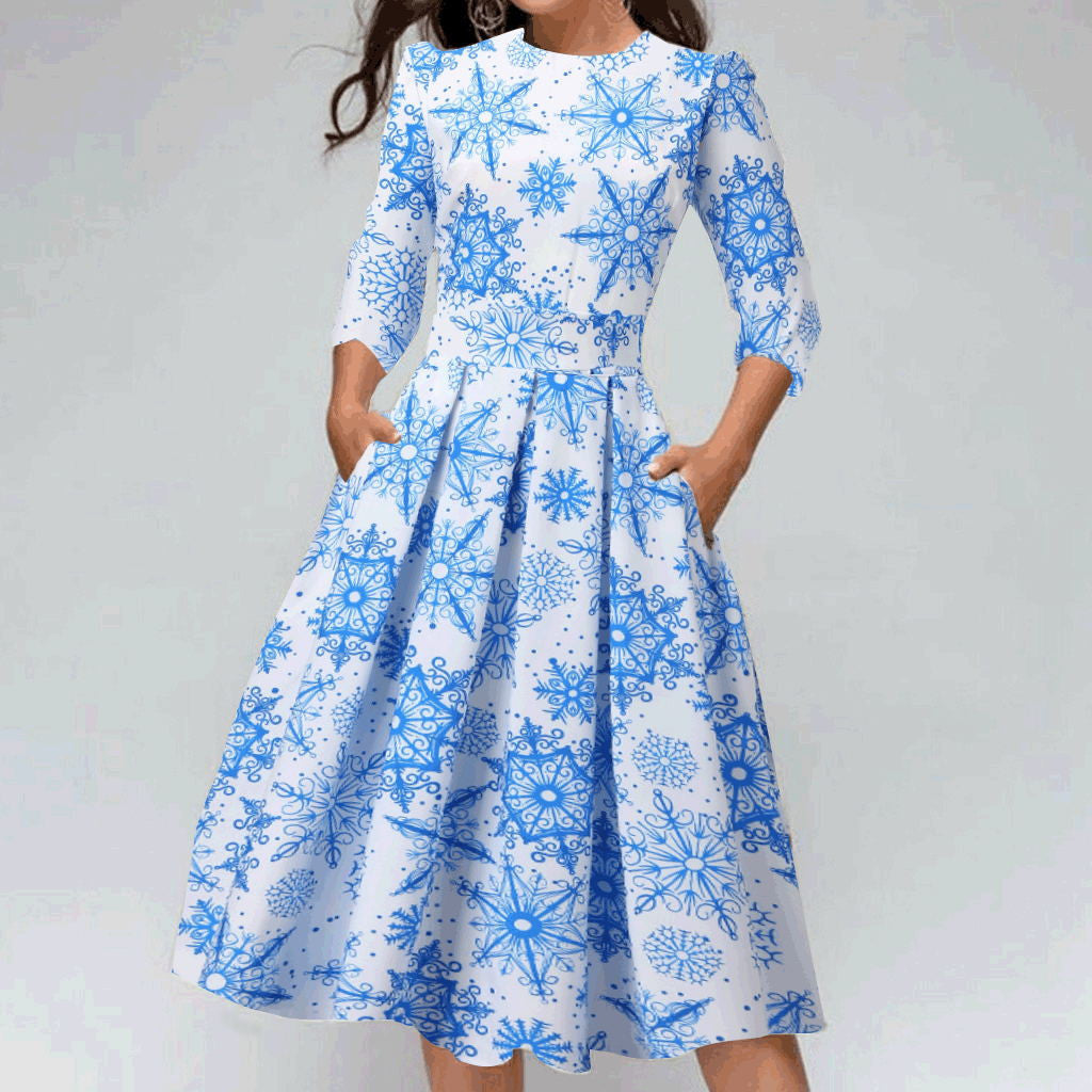 Women's Christmas midi dress with three-quarter sleeves and pleated skirt - white blue snowflake