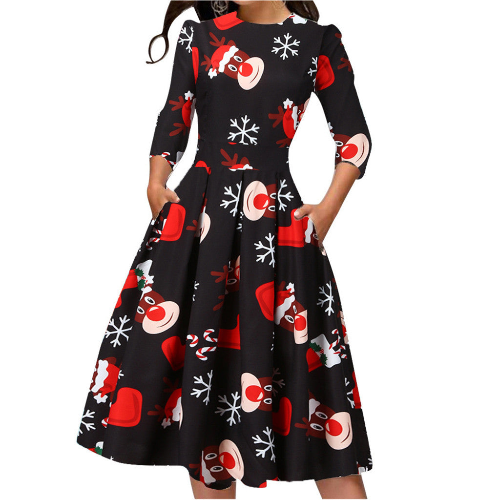 Women's Christmas midi dress with three-quarter sleeves and pleated skirt