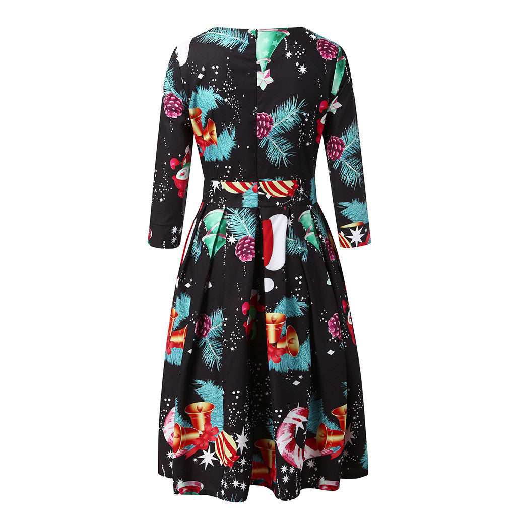 Women's Christmas midi dress with three-quarter sleeves and pleated skirt