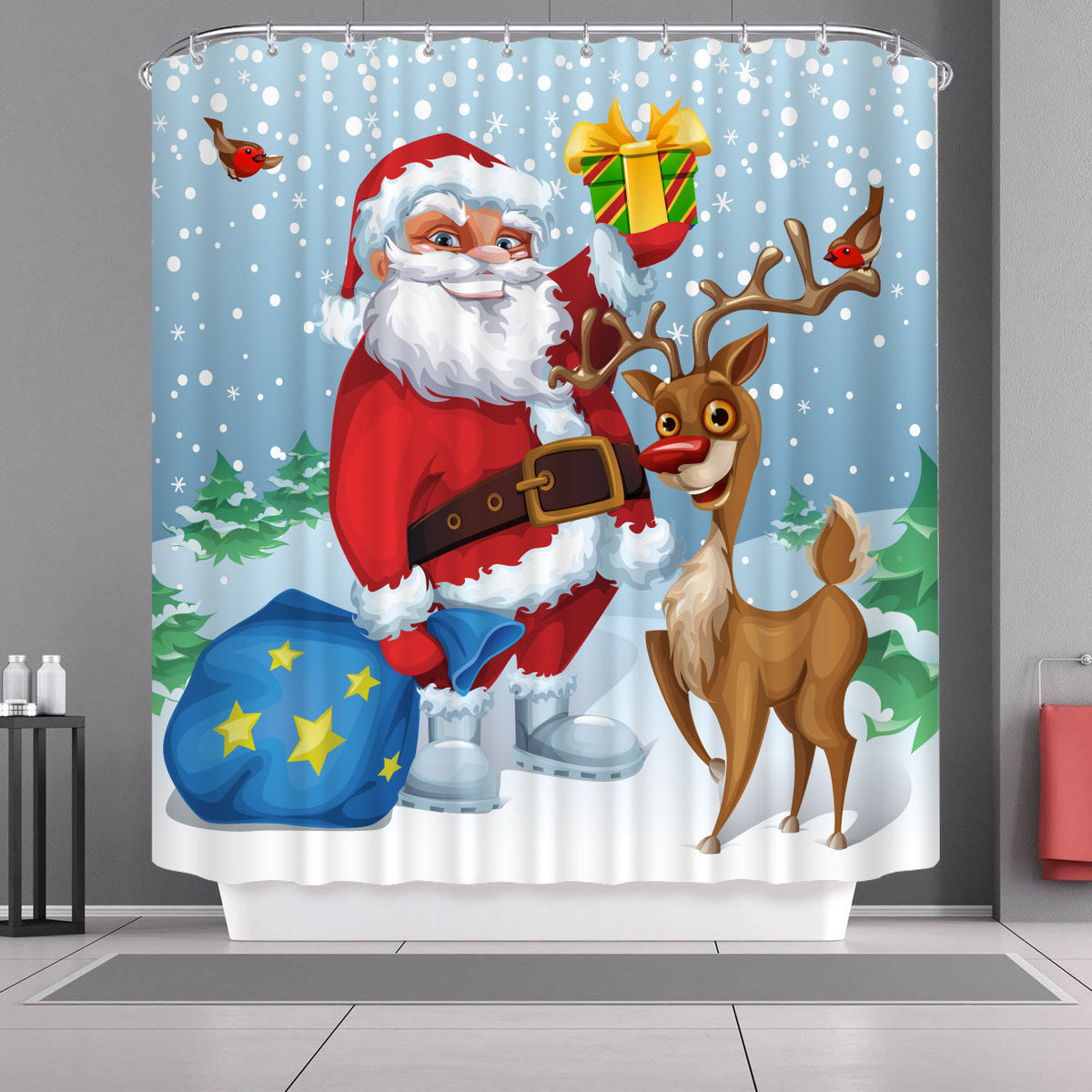Fabric Christmas shower curtain, 180 x 180 cm, with a festive print in a bathroom - santa and reindeer in the snow