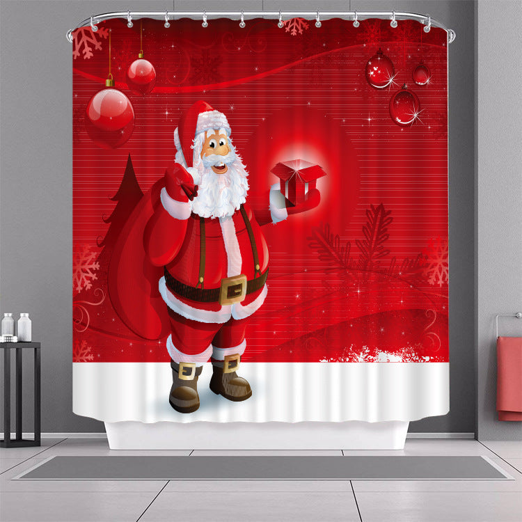 Fabric Christmas shower curtain, 180 x 180 cm, with a festive print in a bathroom - santa on red