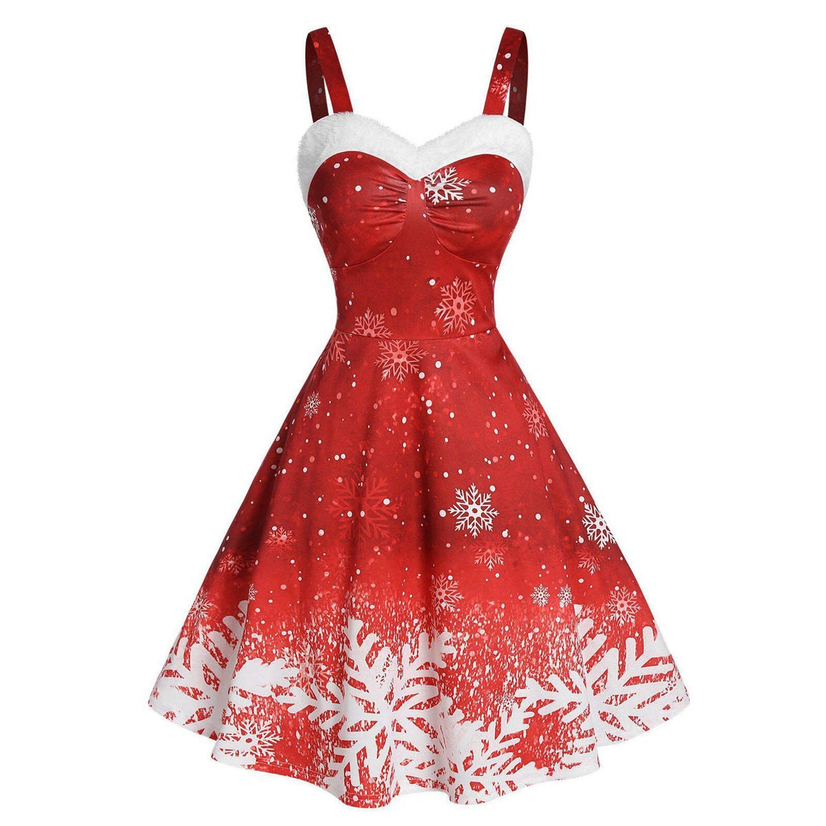 Women's Christmas skater dress with straps, white plush trim and snowflake print