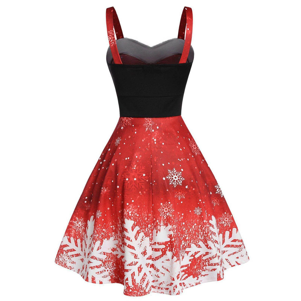 Women's Christmas skater dress with straps, white plush trim and snowflake print