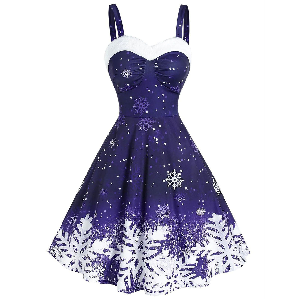 Women's Christmas skater dress with straps, white plush trim and snowflake print