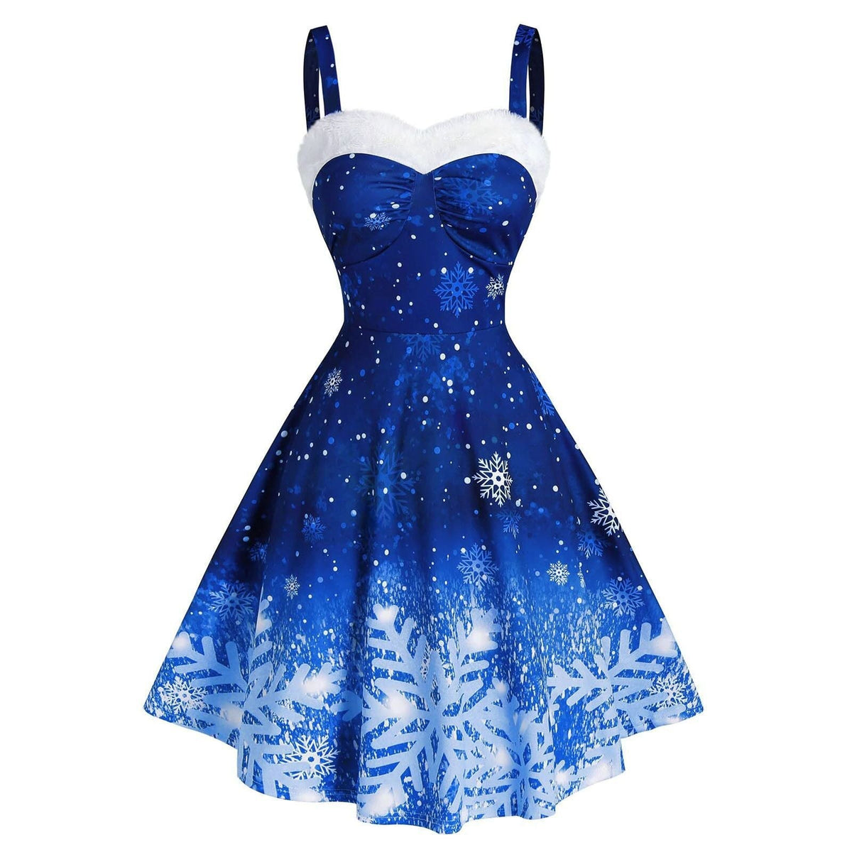 Women's Christmas skater dress with straps, white plush trim and snowflake print