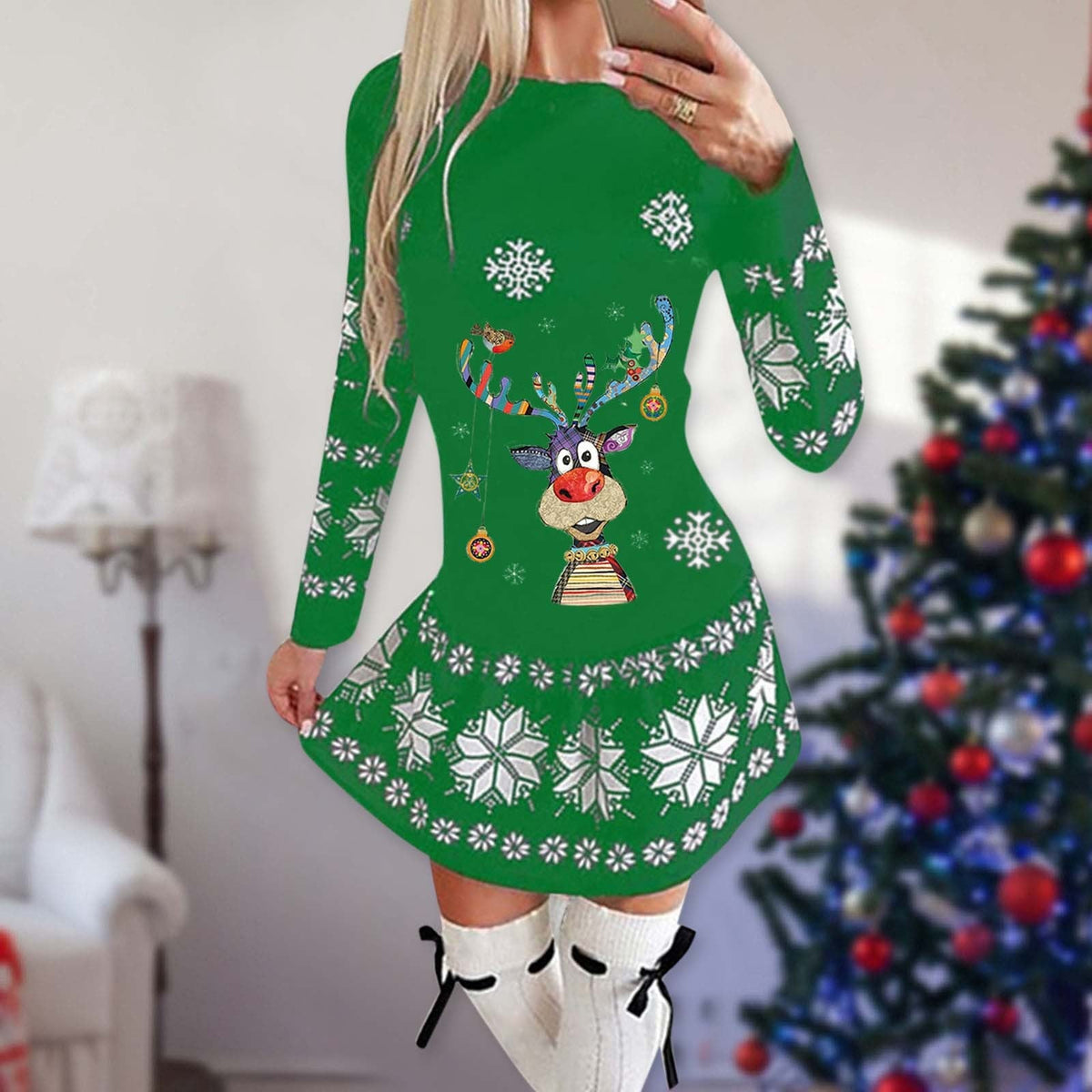 Women's short Christmas skater dress with long sleeves and a festive print - green reindeer with baubles