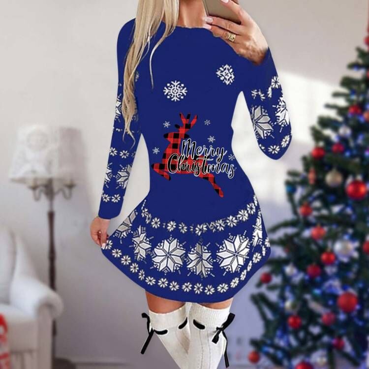 Women's short Christmas skater dress with long sleeves and a festive print - blue check reindeer