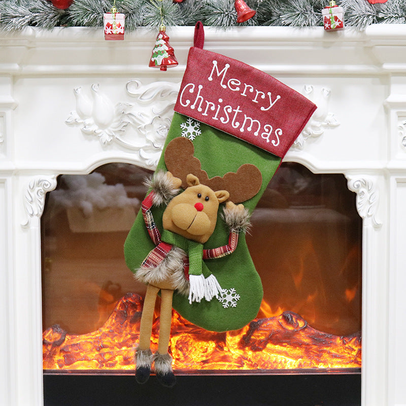 Large Christmas stocking with a dangling-leg character and Merry Christmas cuff - reindeer