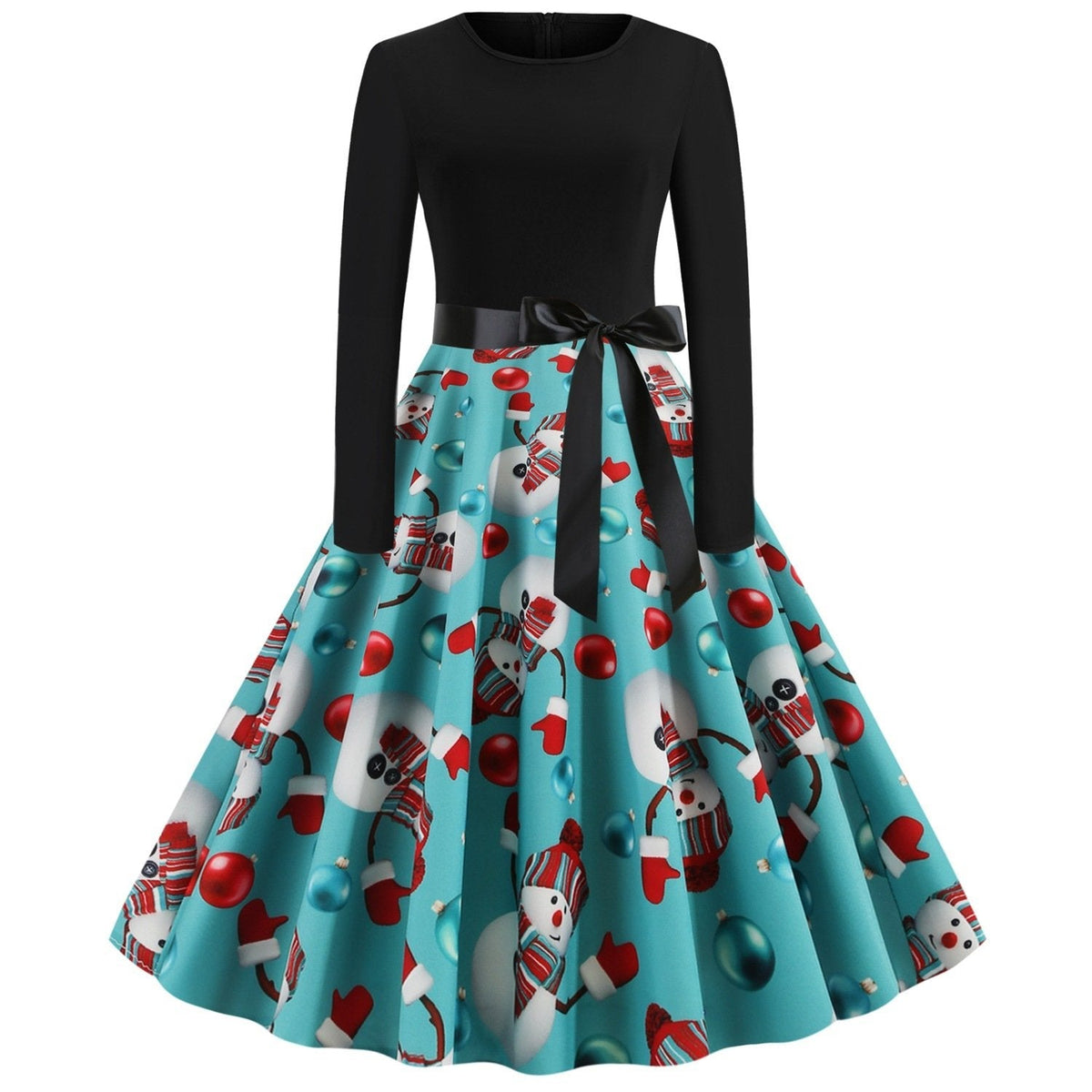 Women's Christmas swing dress with black bodice, bow belt and festive print - turquoise snowman