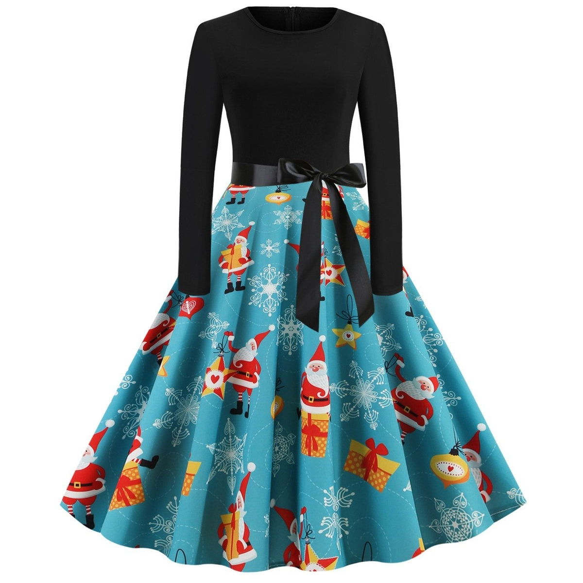 Women's Christmas swing dress with black bodice, bow belt and festive print - turquoise father christmas