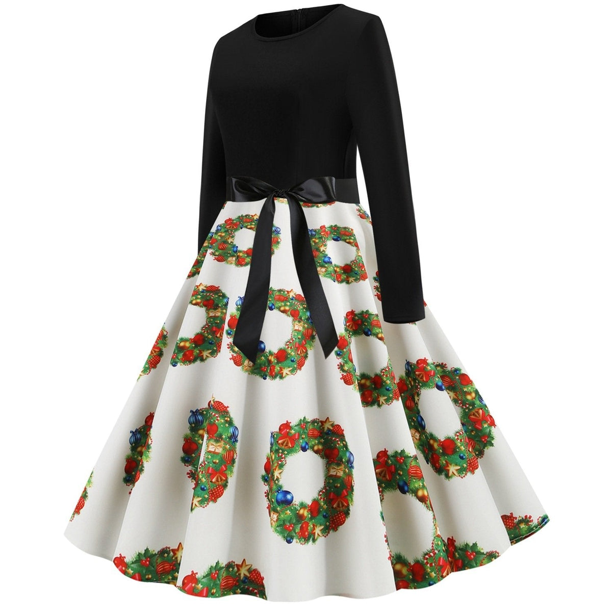 Women's Christmas swing dress with black bodice, bow belt and festive print