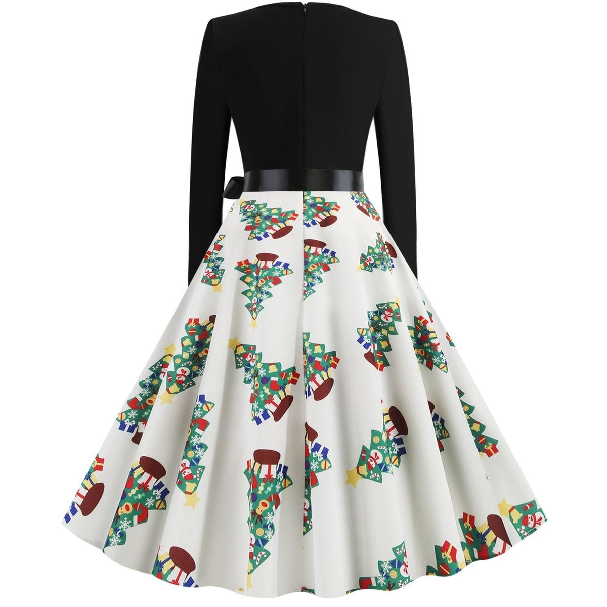 Women's Christmas swing dress with black bodice, bow belt and festive print