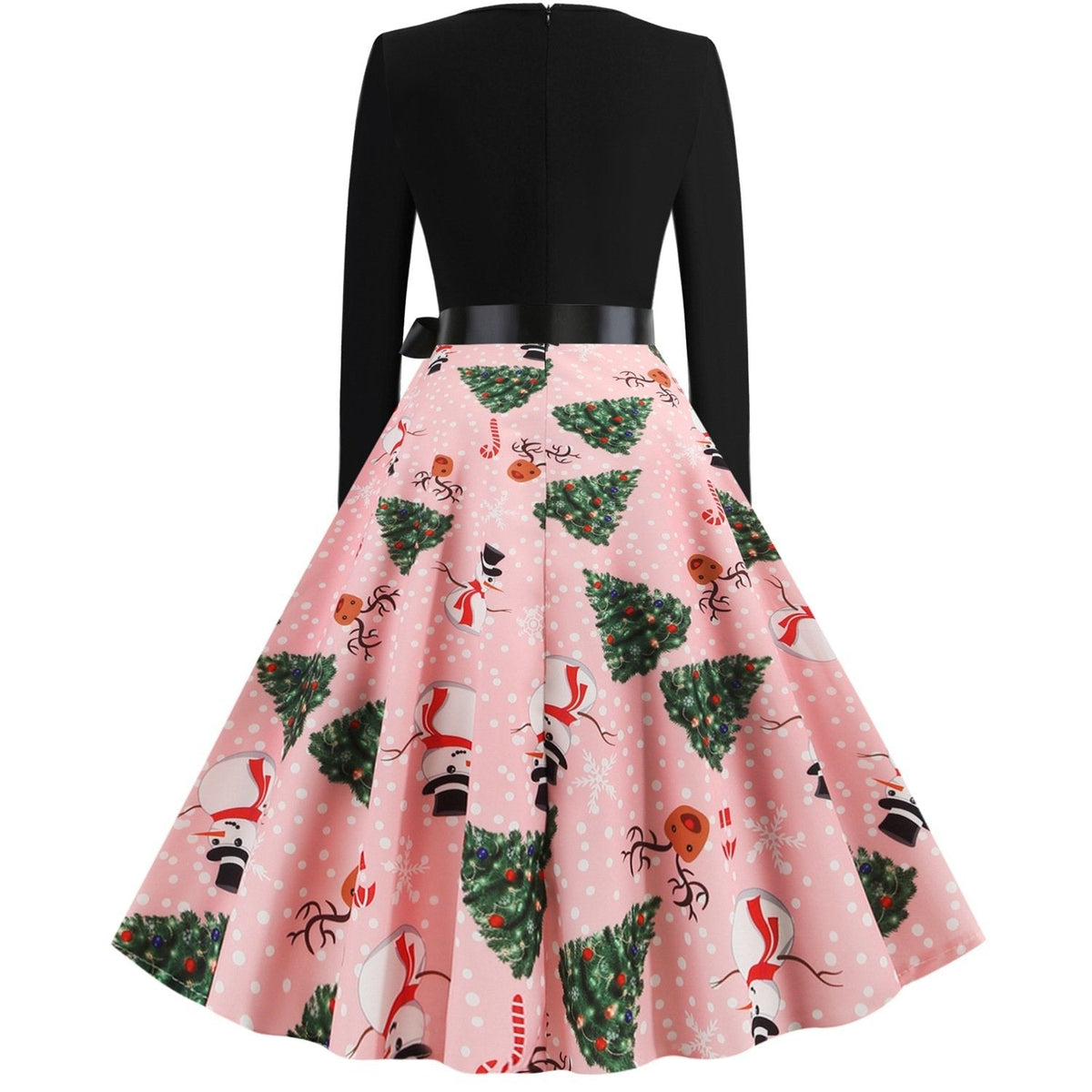 Women's Christmas swing dress with black bodice, bow belt and festive print