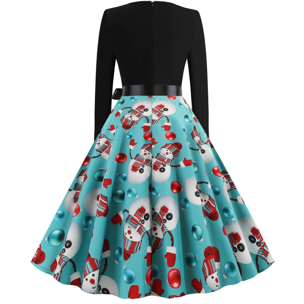 Women's Christmas swing dress with black bodice, bow belt and festive print