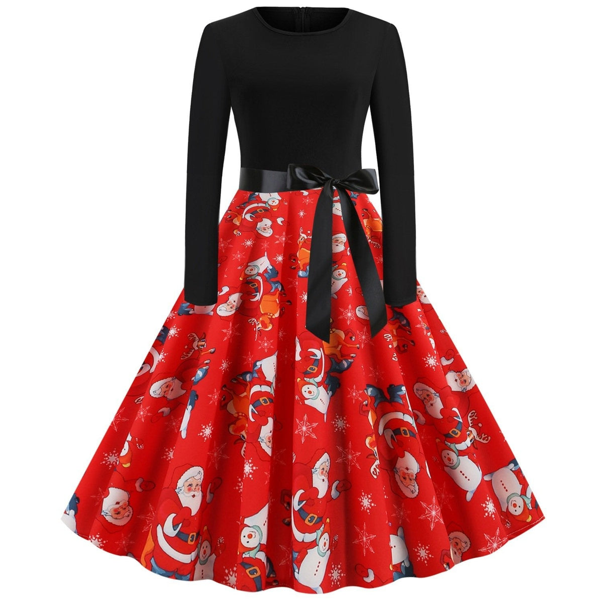 Women's Christmas swing dress with black bodice, bow belt and festive print - red father christmas