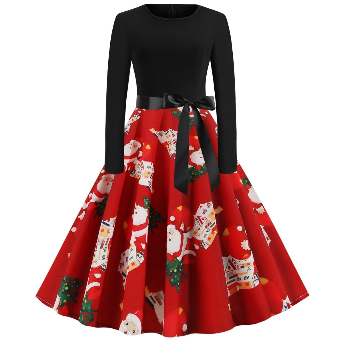 Women's Christmas swing dress with black bodice, bow belt and festive print - red christmas village