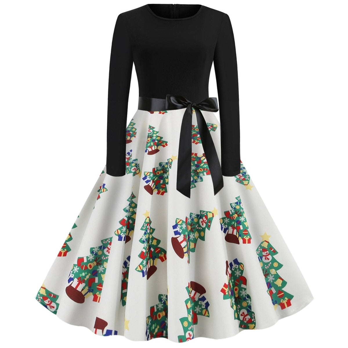 Women's Christmas swing dress with black bodice, bow belt and festive print - white christmas tree