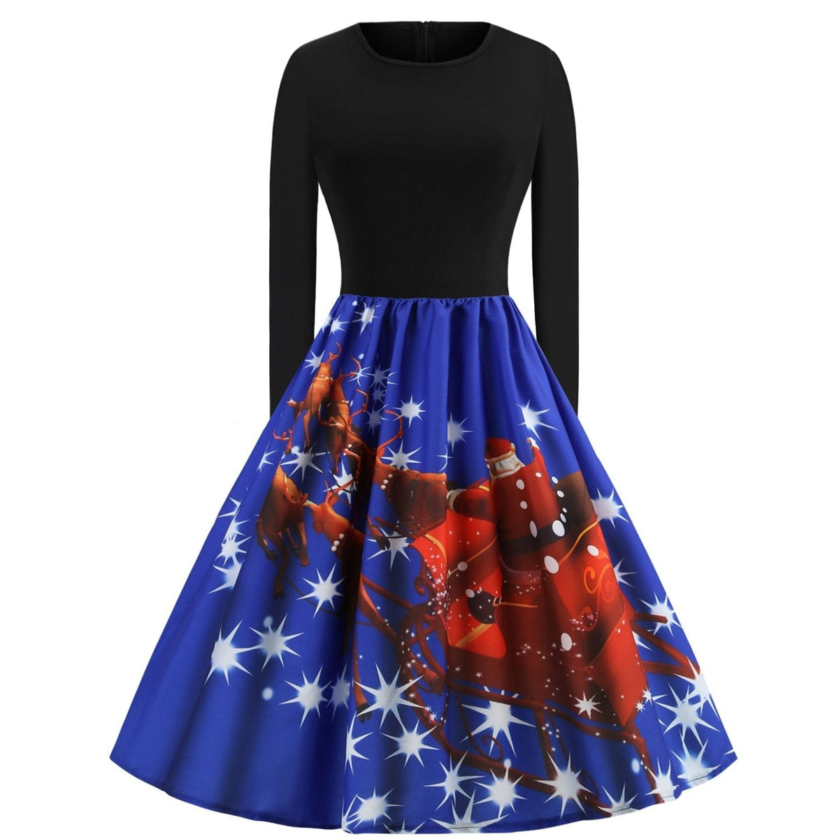 Women's Christmas swing dress with black bodice and Father Christmas sleigh print - blue sleigh
