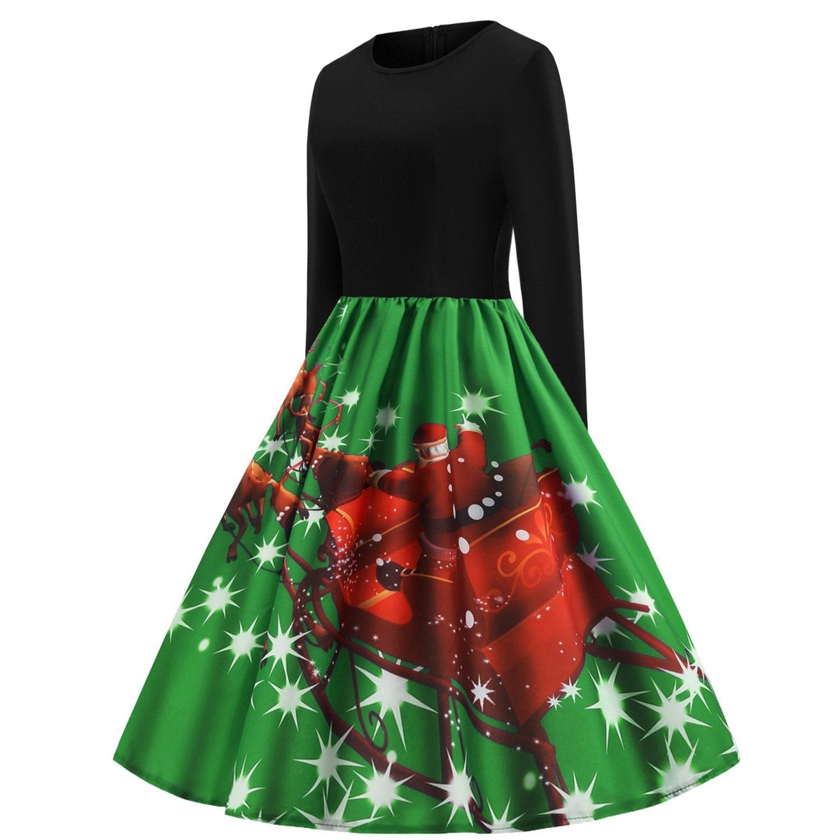 Women's Christmas swing dress with black bodice and Father Christmas sleigh print