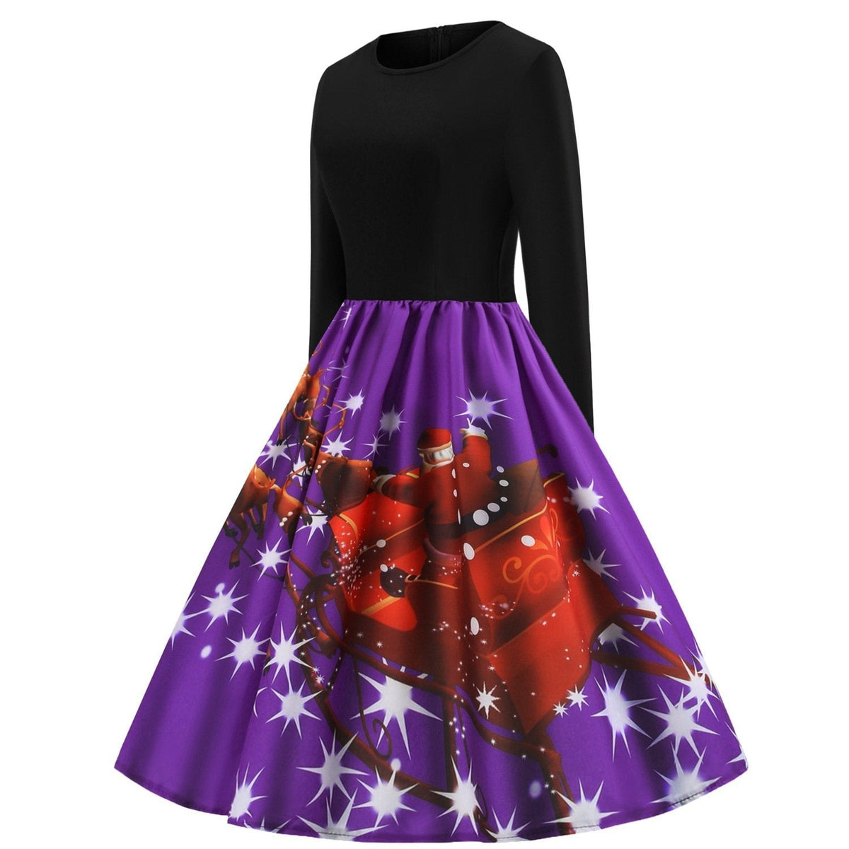 Women's Christmas swing dress with black bodice and Father Christmas sleigh print