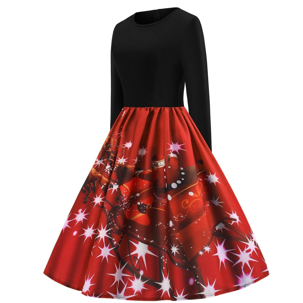 Women's Christmas swing dress with black bodice and Father Christmas sleigh print