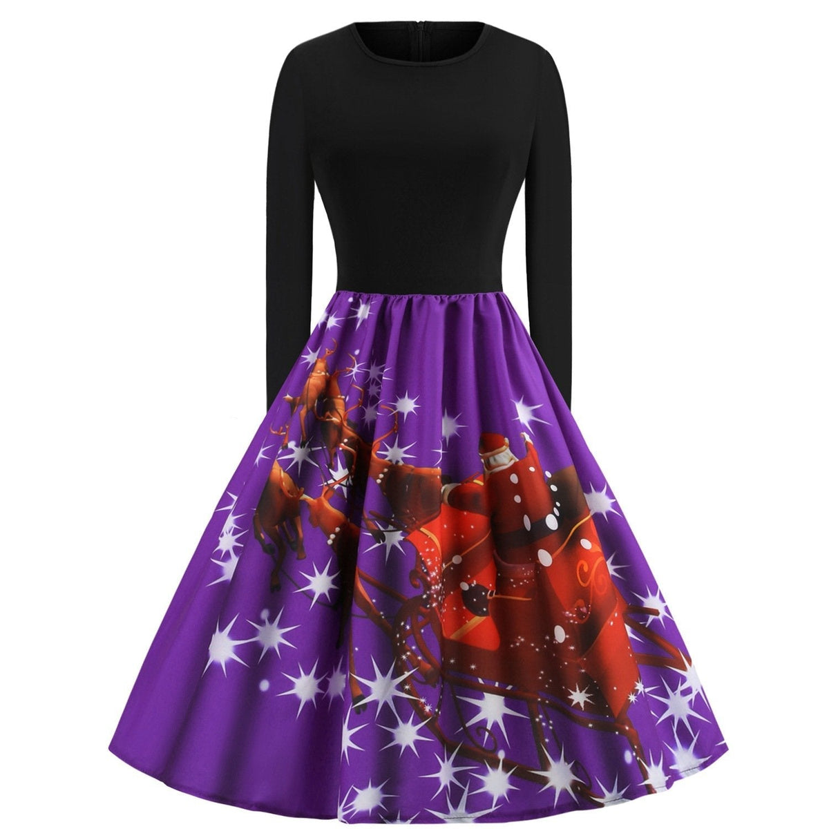 Women's Christmas swing dress with black bodice and Father Christmas sleigh print - purple sleigh