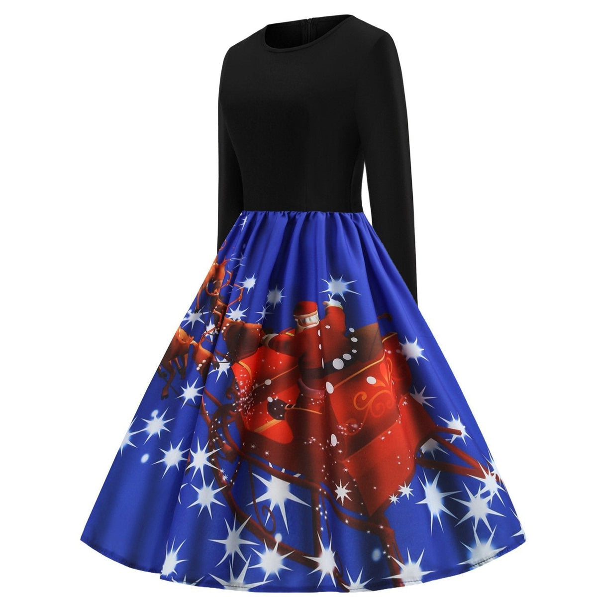 Women's Christmas swing dress with black bodice and Father Christmas sleigh print