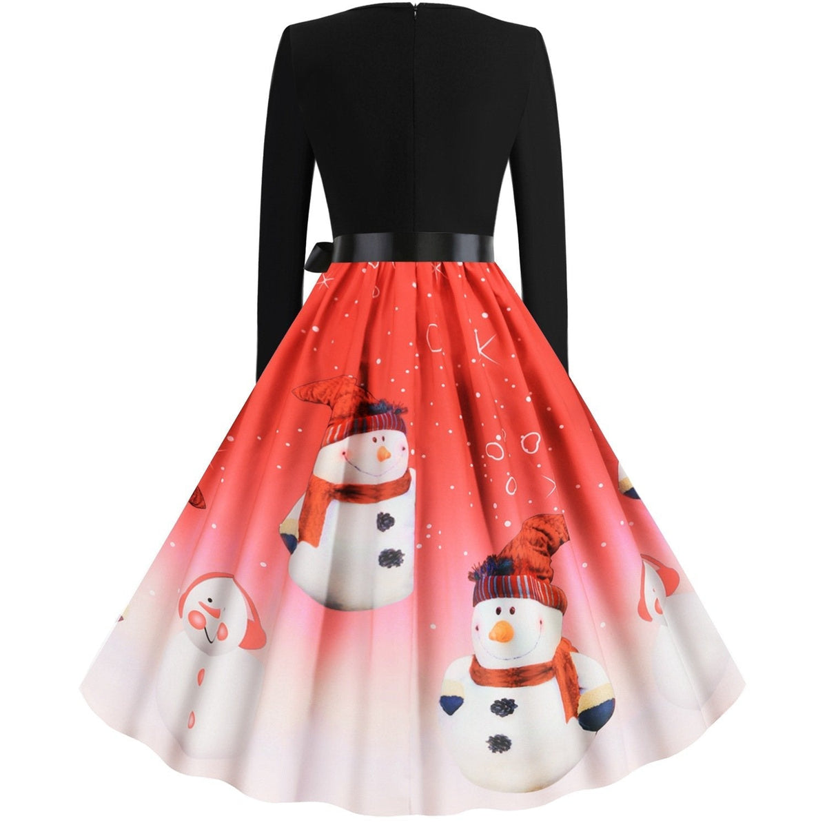Women's Christmas swing dress with black bodice, bow and snowman print skirt
