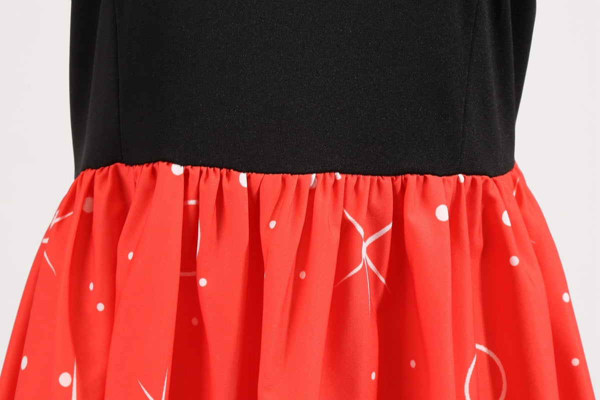 Women's Christmas swing dress with black bodice, bow and snowman print skirt