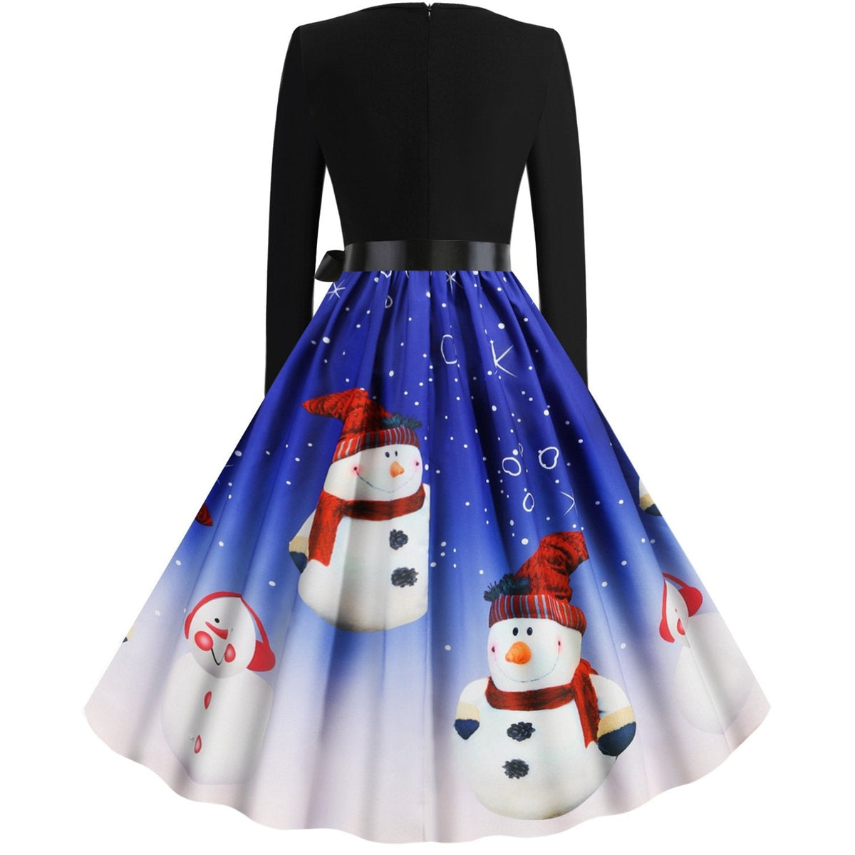 Women's Christmas swing dress with black bodice, bow and snowman print skirt
