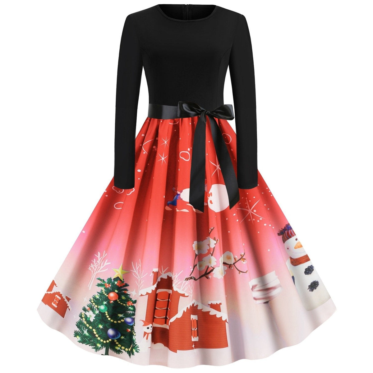 Women's Christmas swing dress with black bodice, bow and snowman print skirt - red snowman