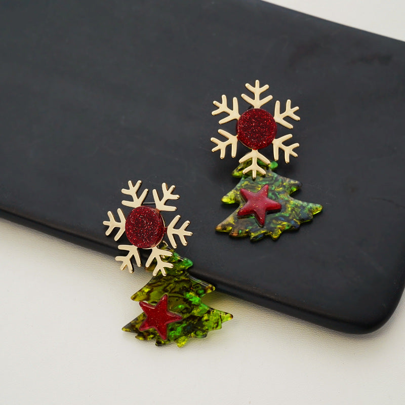 Christmas tree drop earrings with a gold-tone snowflake stud, red glitter and a green tree with star