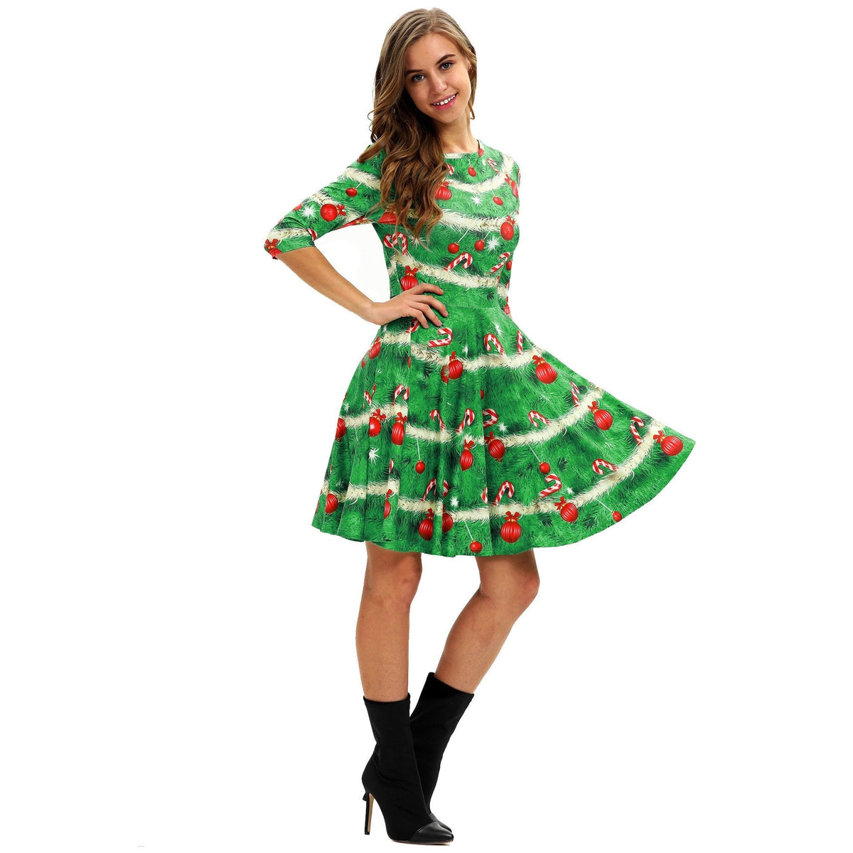 Women's Christmas tree print dress with elbow-length sleeves and full skirt