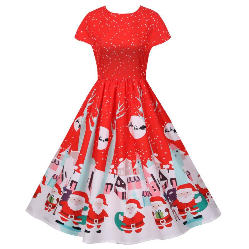 Women's short-sleeved Christmas swing dress with a Christmas village print - red christmas village