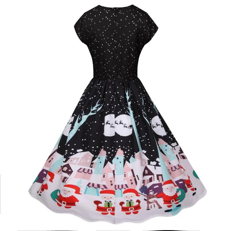 Women's short-sleeved Christmas swing dress with a Christmas village print