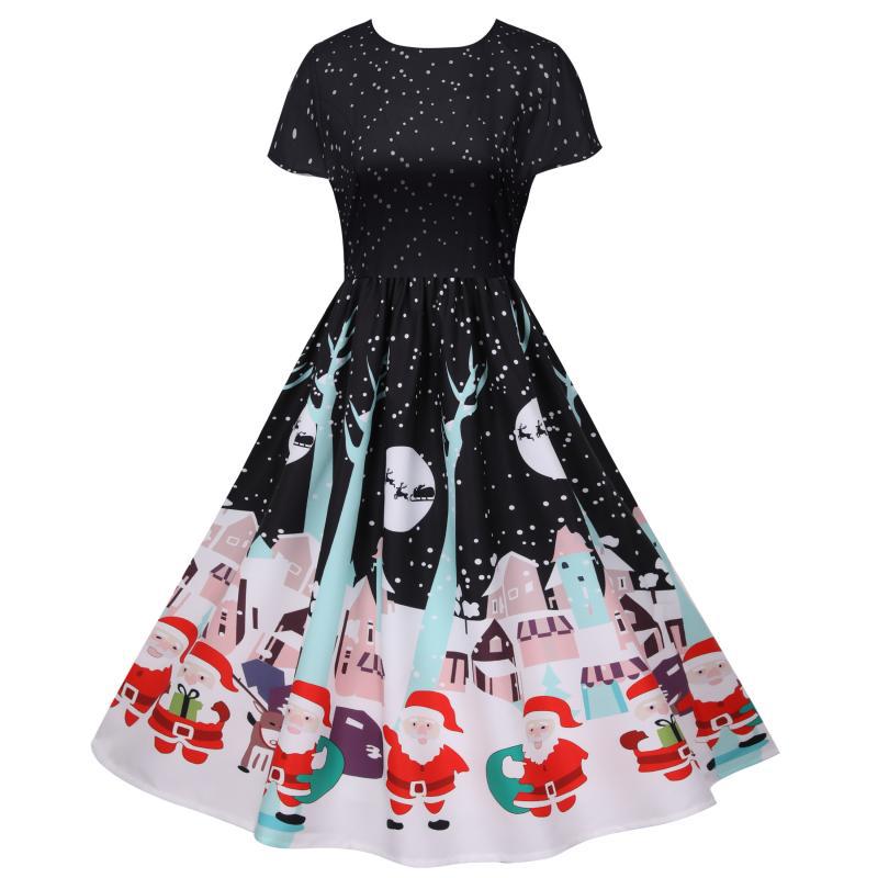 Women's short-sleeved Christmas swing dress with a Christmas village print - black christmas village