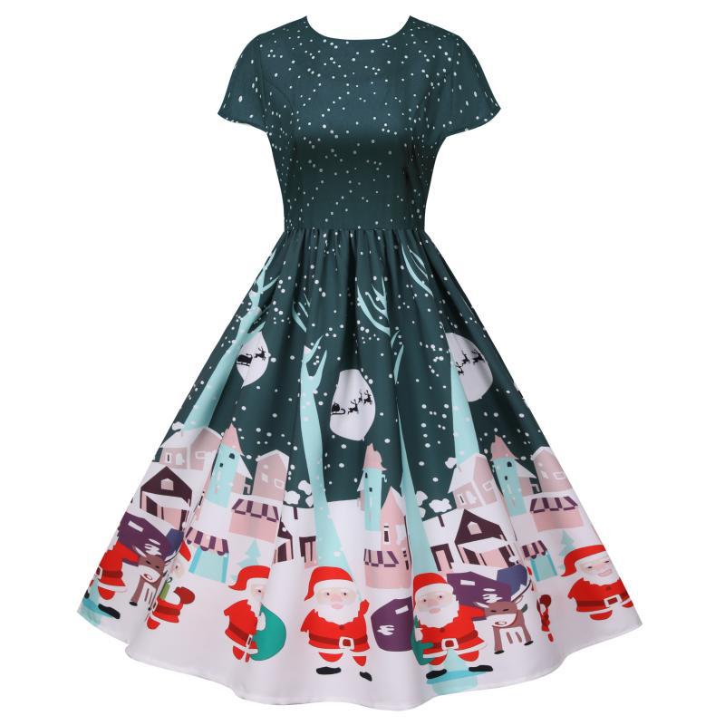 Women's short-sleeved Christmas swing dress with a Christmas village print - dark green christmas village